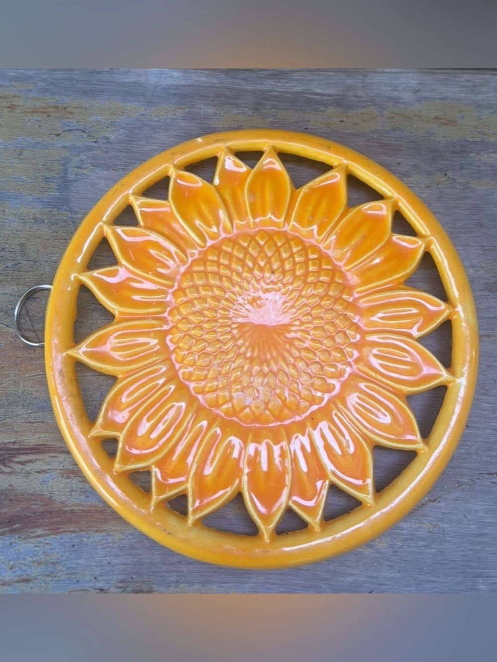 Old Dutch Golden Yellow Enamel Cast Iron Sunflower Trivet 8”